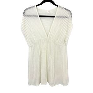 Tropical Escape Mesh Beach Cover up Tunic top size Large White V Neck Pullover